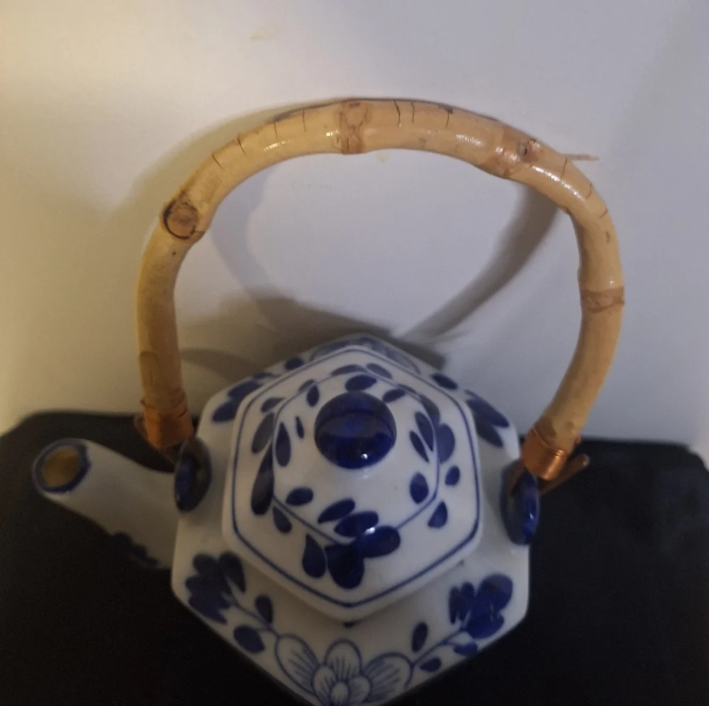 Blue and White Floral Porcelain Teapot with Bamboo Handle